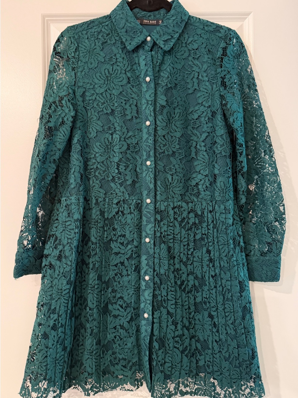 New Zara Teal Lace Pearl-Button Long-Sleeve Dress